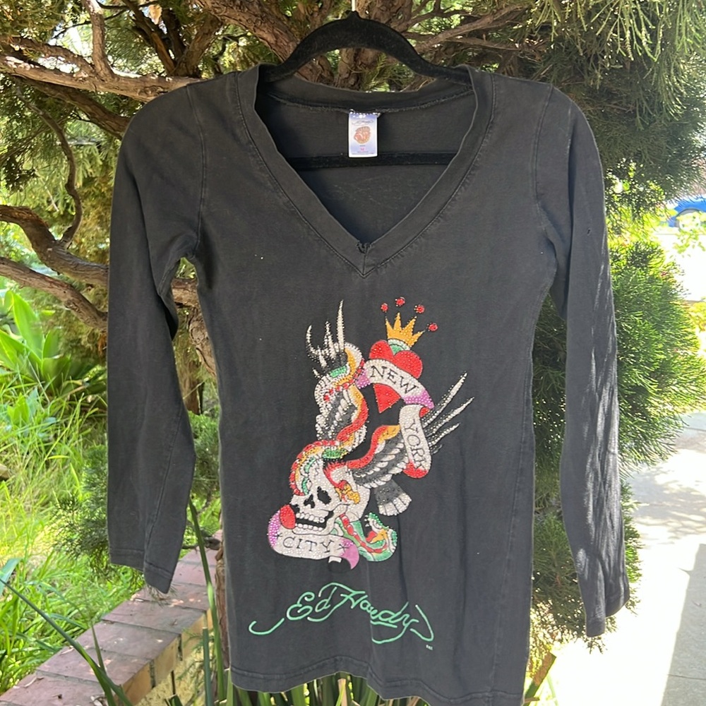 Ed Hardy micro mini Black V-Neck long sleeve T-Shirt‎ dress-New York Graphic